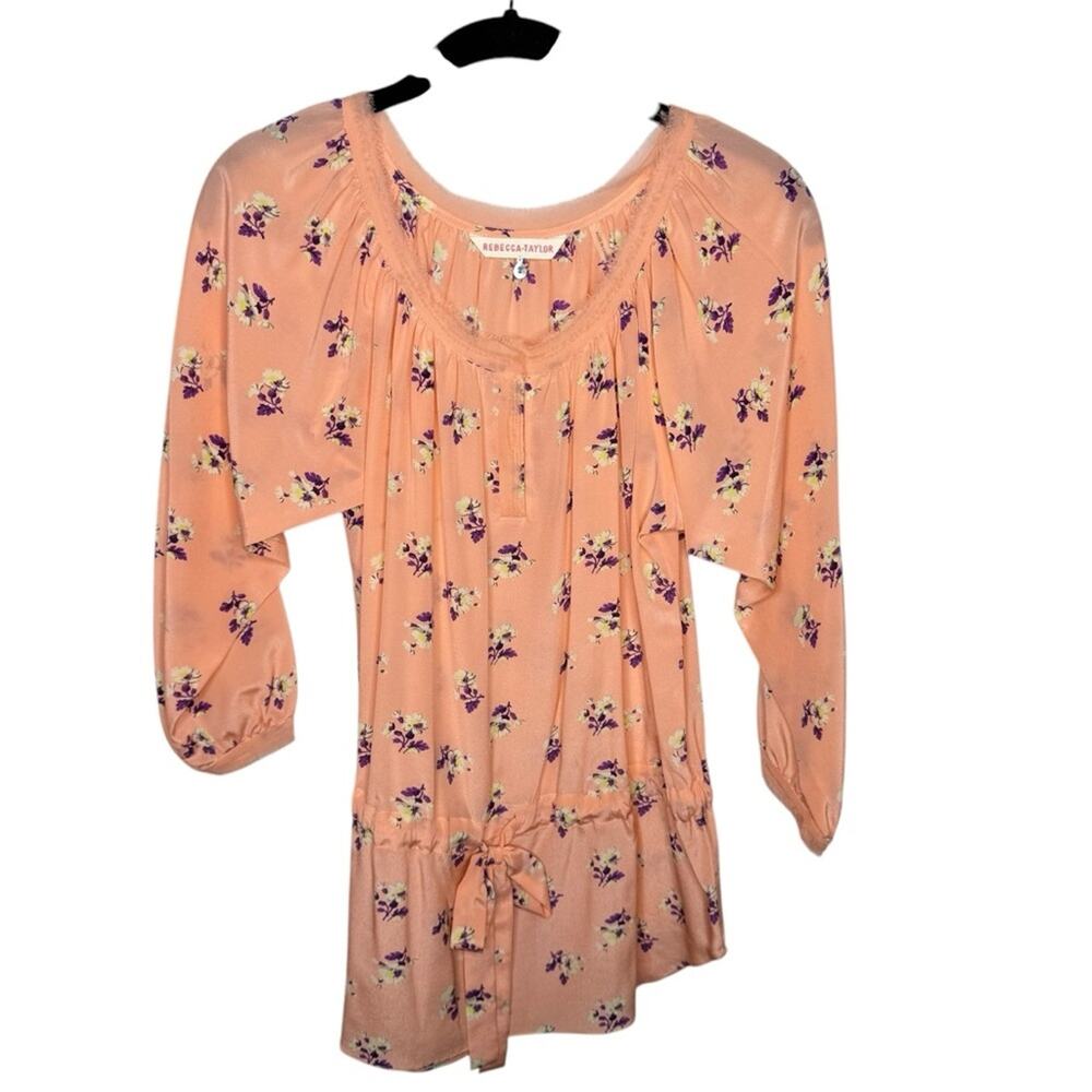 REBECCA TAYLOR / 100% silk peach purple floral frayed hem blouse top / 2